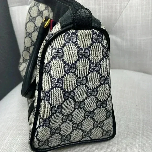 Vintage Gucci Boston Hand Bag Satchel Purse Monogram Navy Canvas Leather - Picture 8 of 16